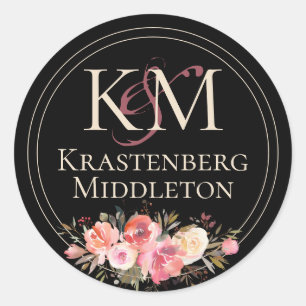 Elegant Dark Moody Wedding Monogram Winter Rose Runder Aufkleber