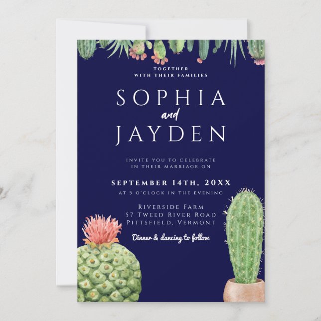Elegant Dark Navy Blue Cactus Watercolor Wedding Einladung (Vorderseite)