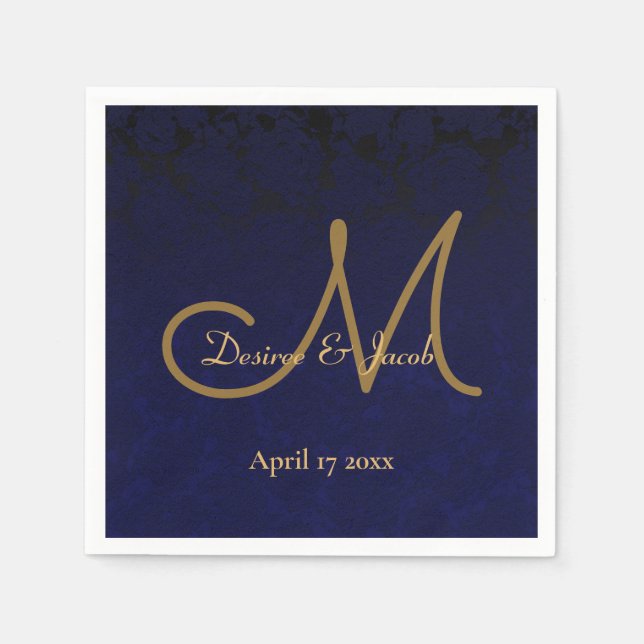 Elegant Dark Navy Blue Gold Monogram Floral Serviette (Vorderseite)