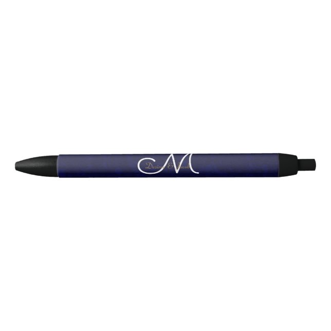 Elegant Dark Navy Blue Gold White Monogram Floral Kugelschreiber (Vorderseite)