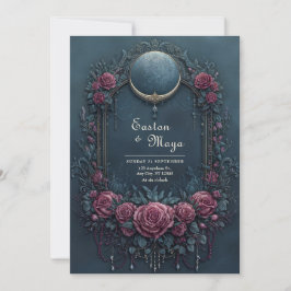 Elegant Dark Navy Burgundy Floral Evening Wedding Einladung