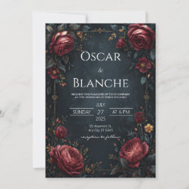 Elegant Dark Navy Burgundy Floral Golden Wedding Einladung