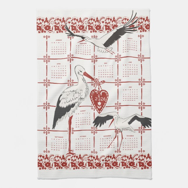 Elegant Dark Red Alsatian Folk Stork 2026 Calendar Geschirrtuch (Vertikal)