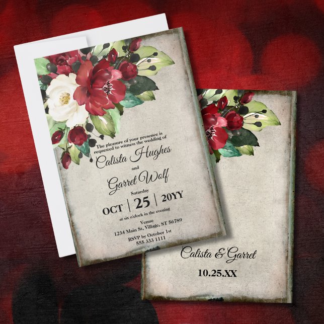 Elegant Dark Red Floral Grunge Gray Goth Wedding Einladung (Von Creator hochgeladen)