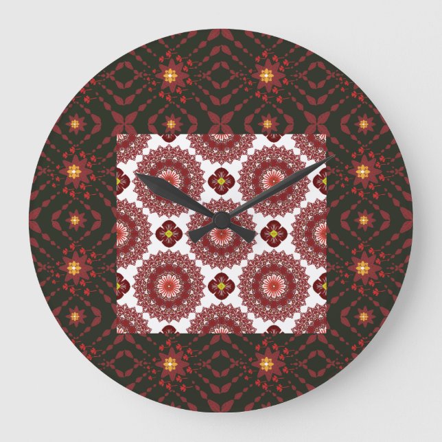 Elegant Dark Red Mandala Geometric Wall Clock – Ar Große Wanduhr (Vorderseite)