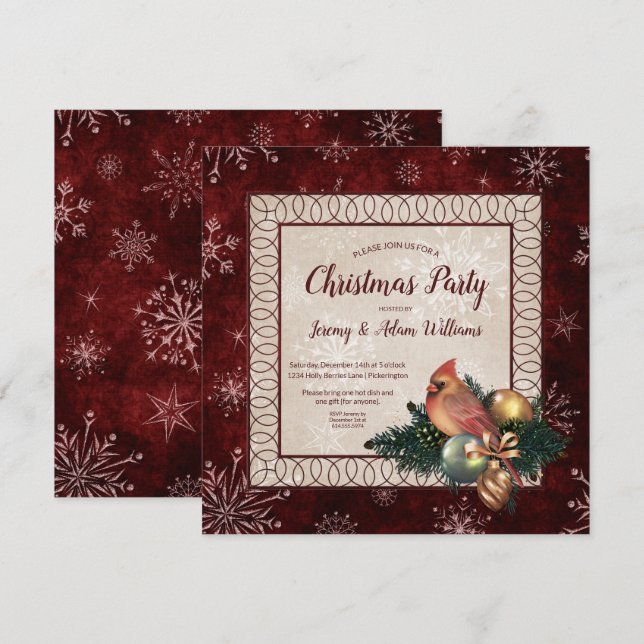Elegant Dark Red mit Kardinal Weihnachts-Party Einladung (Vorne/Hinten)