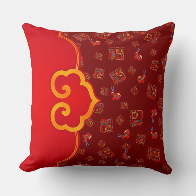 Elegant Dark Red Ruyi Lucky Symbol 福 Rabbits CNY Kissen (Vorderseite)