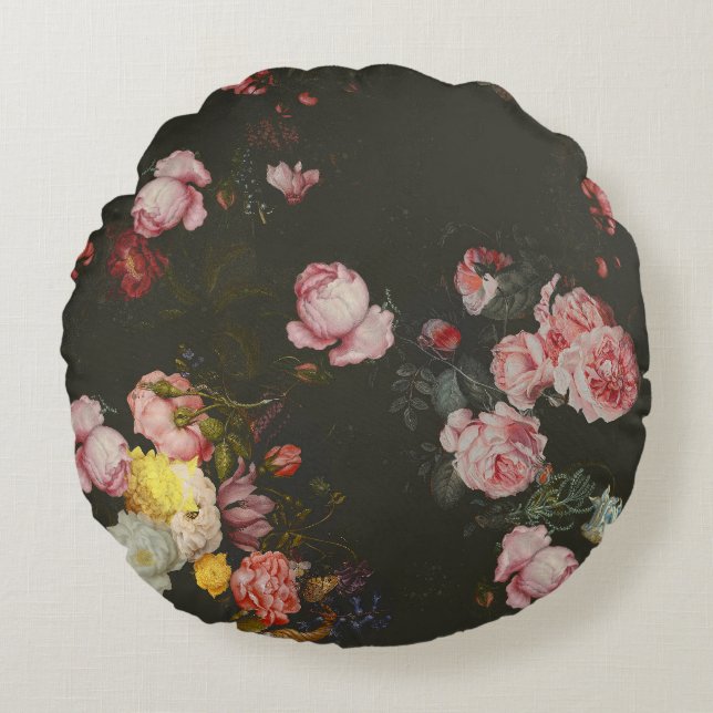 Elegant Dark Rich Blumenrosa Roses Rundes Kissen (Vorderseite)