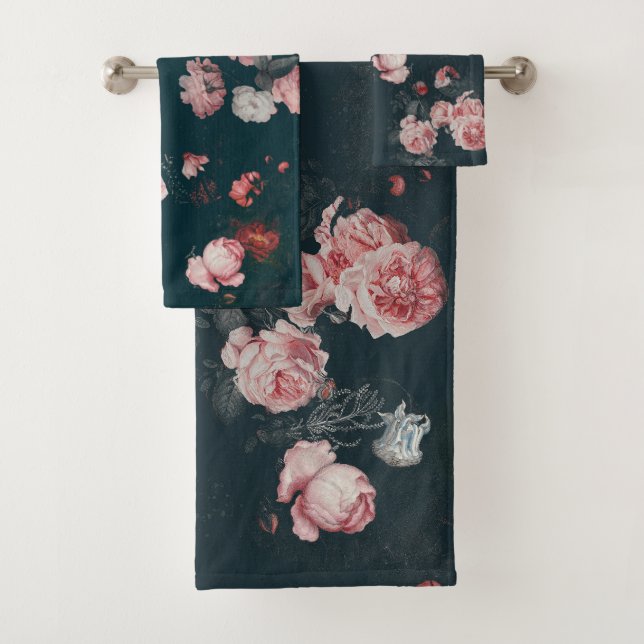 Elegant Dark Rich Dutch Floral Pink Roses Badhandtuch Set (Insitu)