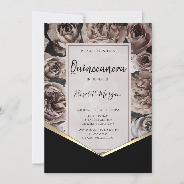 Elegant Dark Rose Quinceanera Einladung (Vorderseite)