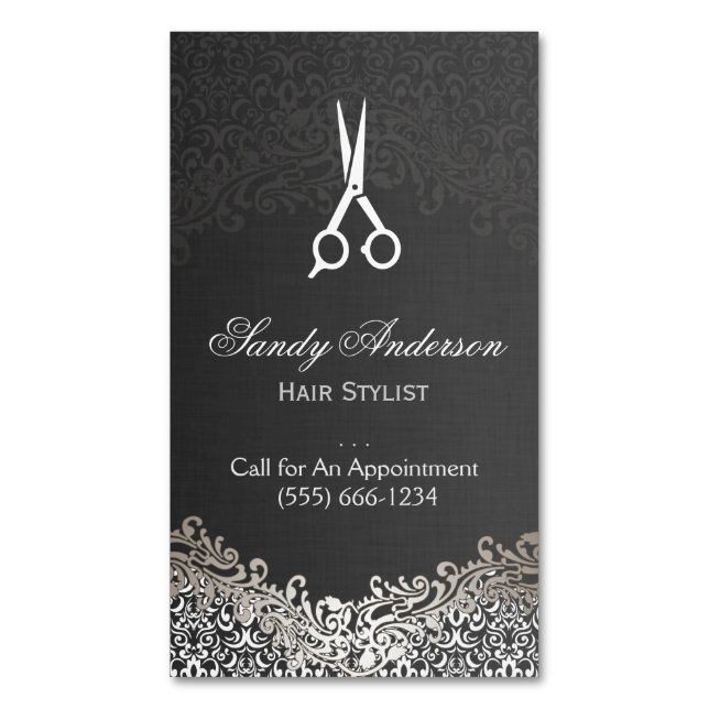 Elegant Dark Silver Damask - Haarstylistin Magnetische Visitenkarte (Vorderseite Vertikal)