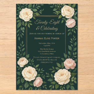 Elegant Dark Teal Floral with Gold Frame Birthday Acryleinladungen