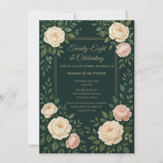 Elegant Dark Teal Floral with Gold Frame Birthday Einladung
