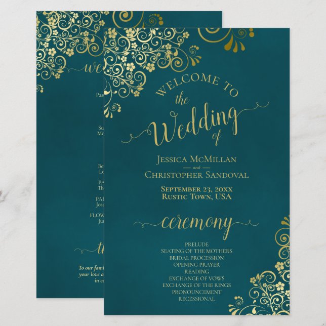 Elegant Dark Teal & Gold Budget Wedding Program (Vorne/Hinten)