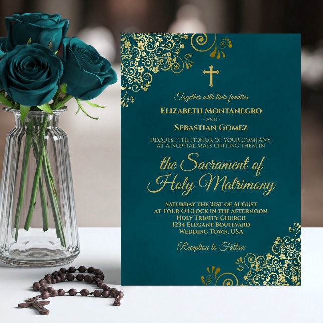 Elegant Dark Teal & Gold Modern Catholic Wedding Einladung (Von Creator hochgeladen)