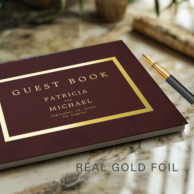Elegant deep burgundy gold foil typography wedding gästebuch (Von Creator hochgeladen)