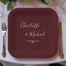 Elegant Deep Burgundy Script Minimalist Wedding Pappteller