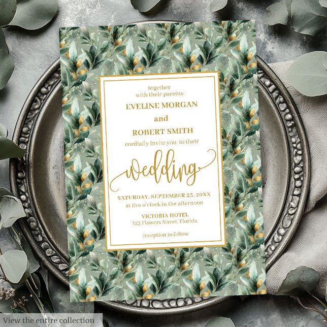 Elegant Deep Green Gold Eucalyptus Wedding Einladu Einladung (Elegant Deep Green Gold Eucalyptus Wedding Invitation)