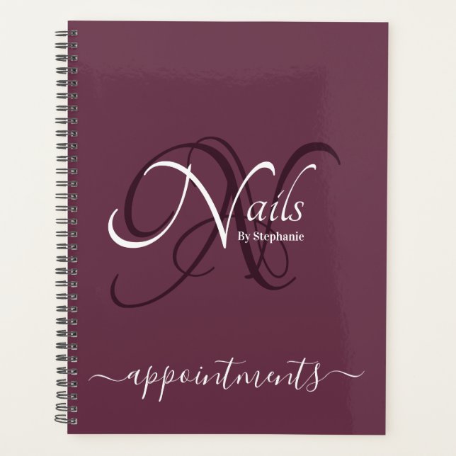 Elegant Deep Plum Monogram Nail Artist Appt Planer (Vorderseite)