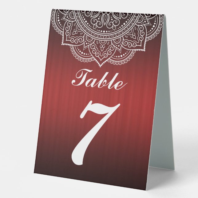 Elegant Deep Red and White Indian Paisley Wedding Tischaufsteller (Vorderseite)