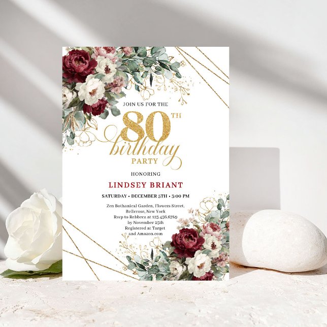 Elegant Deep Red Floral 80th Birthday Invitation Einladung (Elegant Deep Red Floral 80th Birthday)