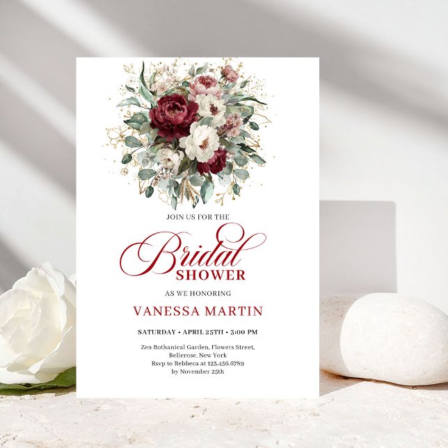 Elegant Deep Red Floral Bridal Shower Invitation Einladung (Elegant Deep Red Floral Bridal Shower Invitation)