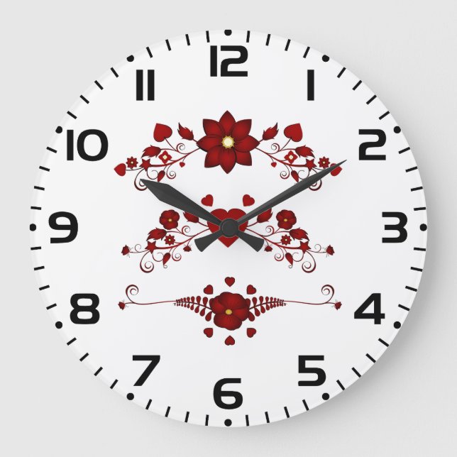 Elegant Deep Red Floral Flourish Große Wanduhr (Vorderseite)