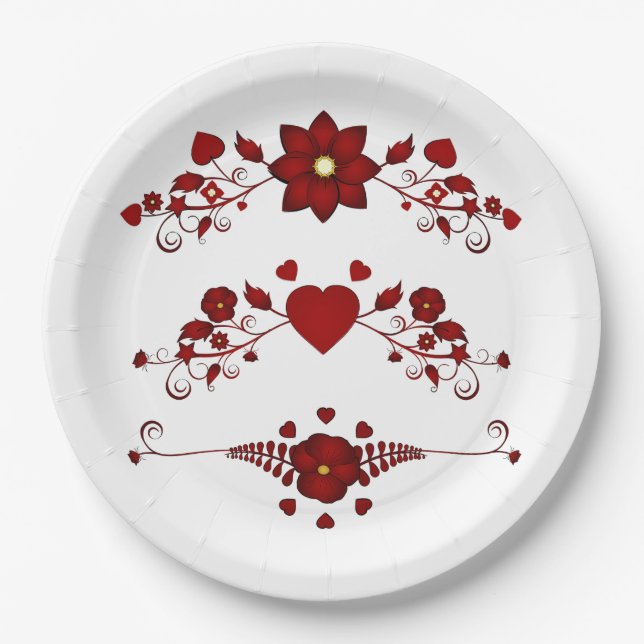 Elegant Deep Red Floral Flourish Pappteller (Vorderseite)