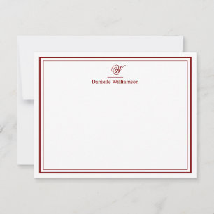 Elegant Deep Red Monogram Double Border White Mitteilungskarte
