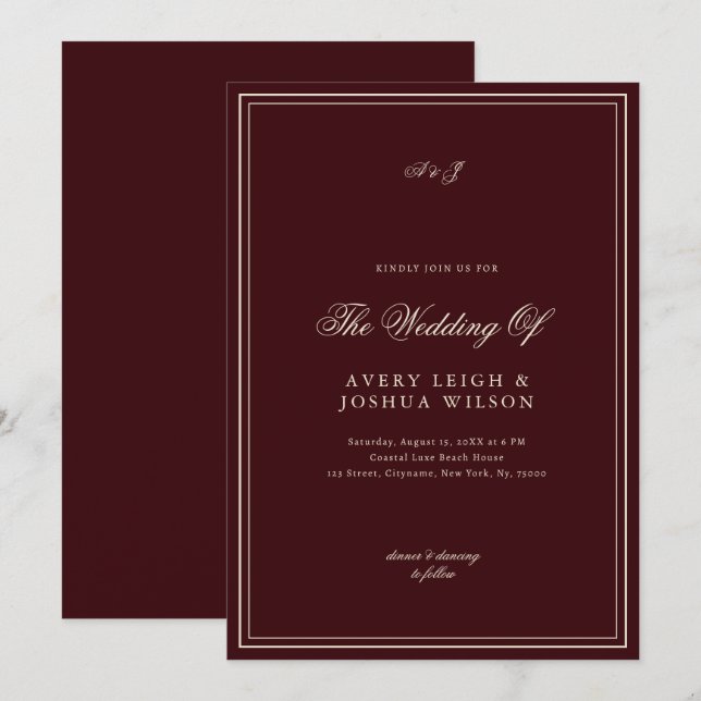 Elegant Deep Red Monogram Old Money Wedding Einladung (Vorne/Hinten)