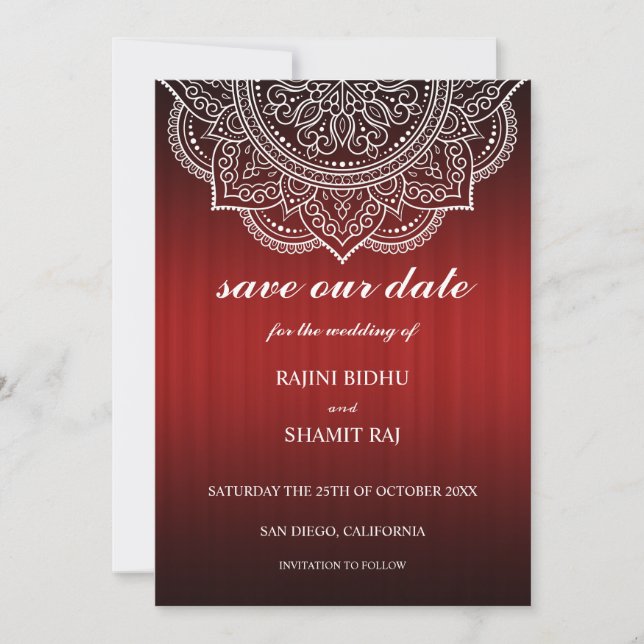 Elegant Deep Red Paisley Indian Hindu Wedding Save The Date (Vorderseite)