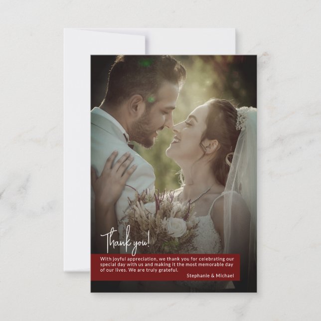 Elegant Deep Ruby Red Foto Banner Wedding Dankeskarte (Vorderseite)