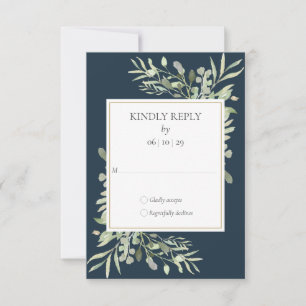 Elegant Deep Sea Blue Greenerity Blätter Wedding R RSVP Karte