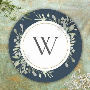 Elegant Deep Sea Blue Greenery Monogram Initial Runder Aufkleber