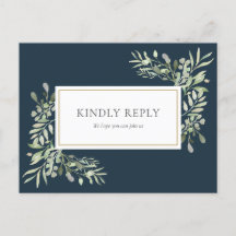Elegant Deep Sea Blue Greenery Wedding RSVP Card