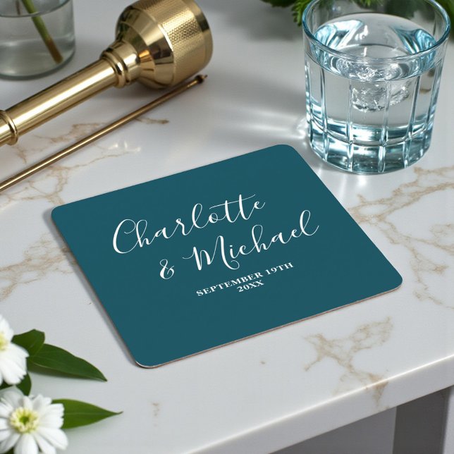 Elegant Deep Teal Script Minimalist Wedding Rechteckiger Pappuntersetzer (Von Creator hochgeladen)