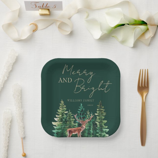 Elegant Deer Christmas Family Name Pappteller (Hochzeit)