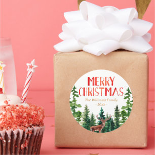 Elegant Deer Christmas Family Name Runder Aufkleber