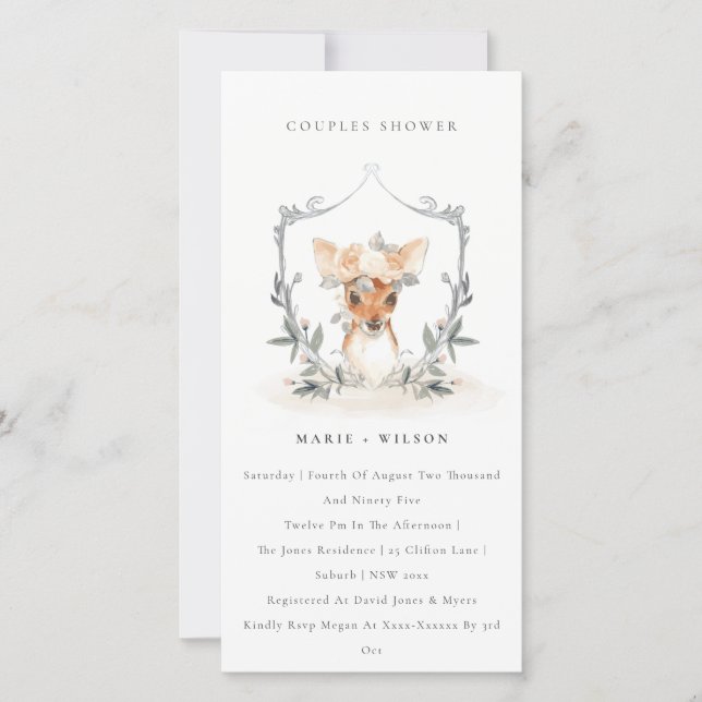 Elegant Deer Floral Wappen Paare Dusche einladen Dankeskarte (Vorderseite)