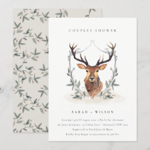 Elegant Deer Floral Wappen Paare Dusche einladen Dankeskarte