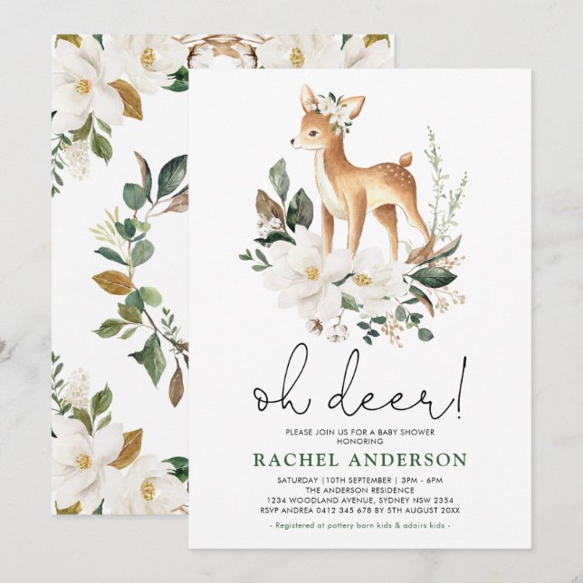 Elegant Deer Ivory Floral Greenery Baby Shower Einladung (Vorne/Hinten)
