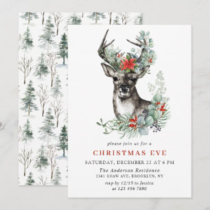 Elegant Deer Poinsettia Holiday CHRISTMAS EVE Einladung