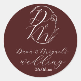 Elegant Delicate Floral Wedding Logo Deep Burgundy Runder Aufkleber