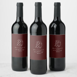 Elegant Delicate Floral Wedding Logo Deep Burgundy Weinetikett