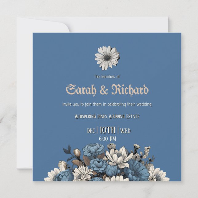 Elegant Denim & Navy Floral Wedding Einladung (Vorderseite)