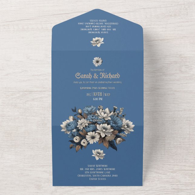 Elegant Denim und Navy Floral All in one Einladung (Außenbereich)