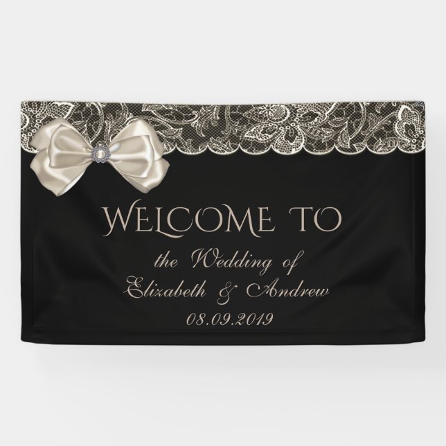 Élégant, Dentelle, Bow, Bannière Mariage noir (Horizontal)