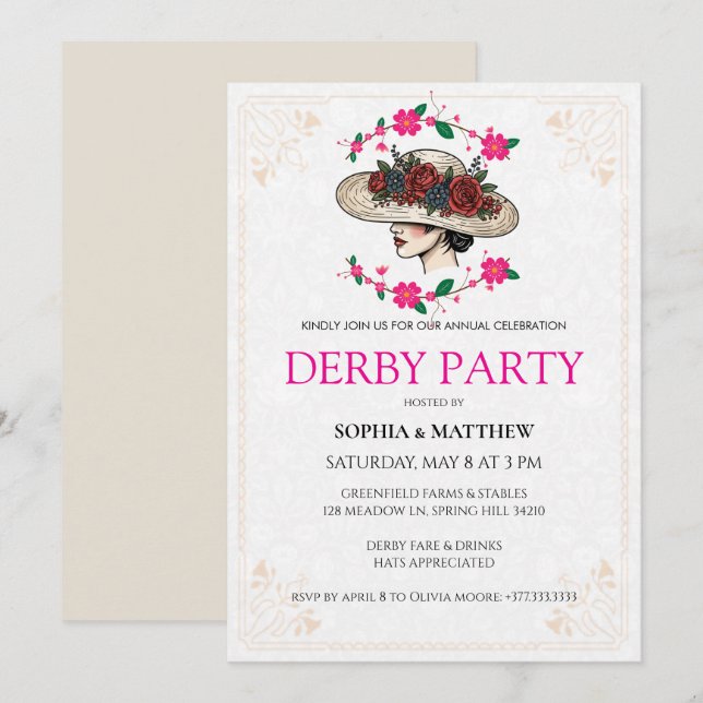 Elegant Derby Party Invitation with Gold Horseshoe (Devant / Derrière)