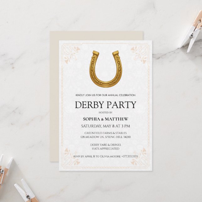 Elegant Derby Party Invitation with Gold Horseshoe (Devant/Arrière en situation)