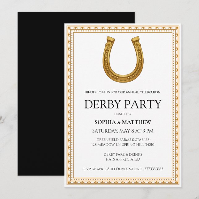 Elegant Derby Party Invitation with Gold Horseshoe Einladung (Vorne/Hinten)